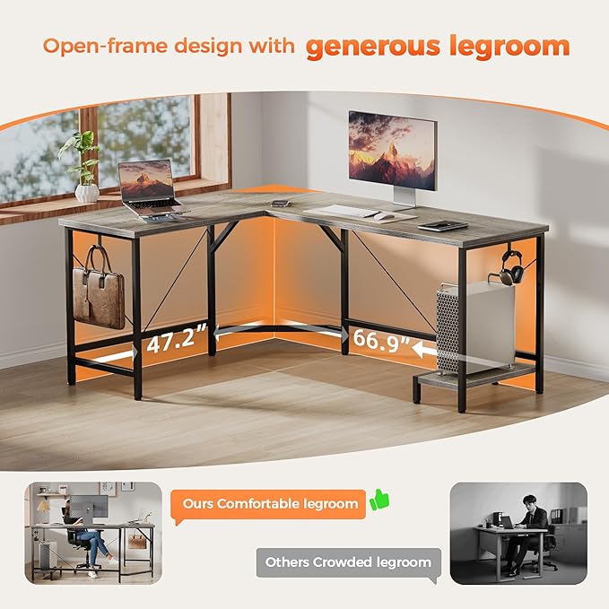 Mericonia 66 inch Large L Shaped Desk Simple Corner Gaming Desk with CPU Stand &amp Hooks Computer Desk for Home Bedroom &amp Office Workspace Grey