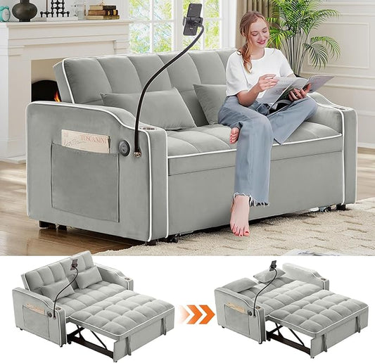 3 in 1 Convertible Sofa Bed Velvet Pull Out Couch Bed w/ Adjustable Back Love Seat Sleeper Beds w/ USB Ports &amp Cup Holders Phone Stand Full Size Futon Couch for Living Room Small Spaces (Gray)