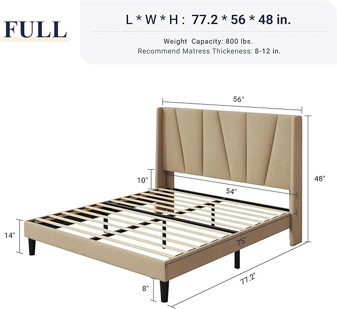 Allewie Full Size Platform Bed Frame with Geometric Wingback Headboard Boho Upholstered Bed with Wooden Slats Support No Box Spring Needed Easy Assembly Beige