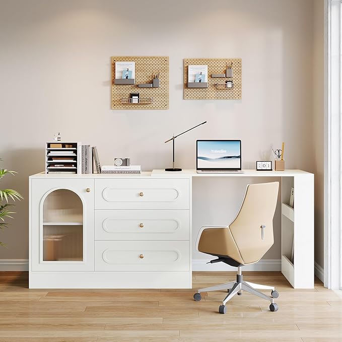 Tribesigns 78 L Shaped Desk with Storage Modern Corner Desk with 3 Drawers for Small Space Reversible L Shape Desk with Cabinet &amp Adjustable Shelves for Home Office Bedroom (White)