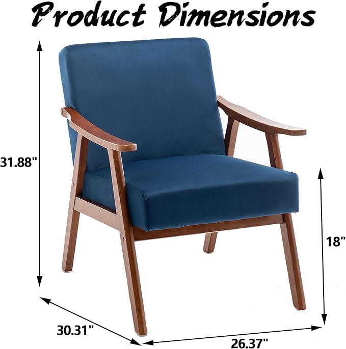 Mid Century Modern Accent Chair Upholstered Armchair Comfy with Wood Legs Siting Chair with Soft Cushion PU Leather Side Chairs for Living Room Bedroom Office (Velvet Dark Blue)