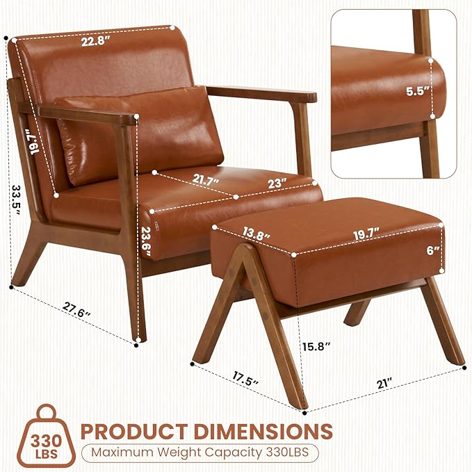 MOJAY Modern Accent Chair with Ottoman PU Leather Upholstered Armchair Living Room Chair for Bedroom Balcony Reception
