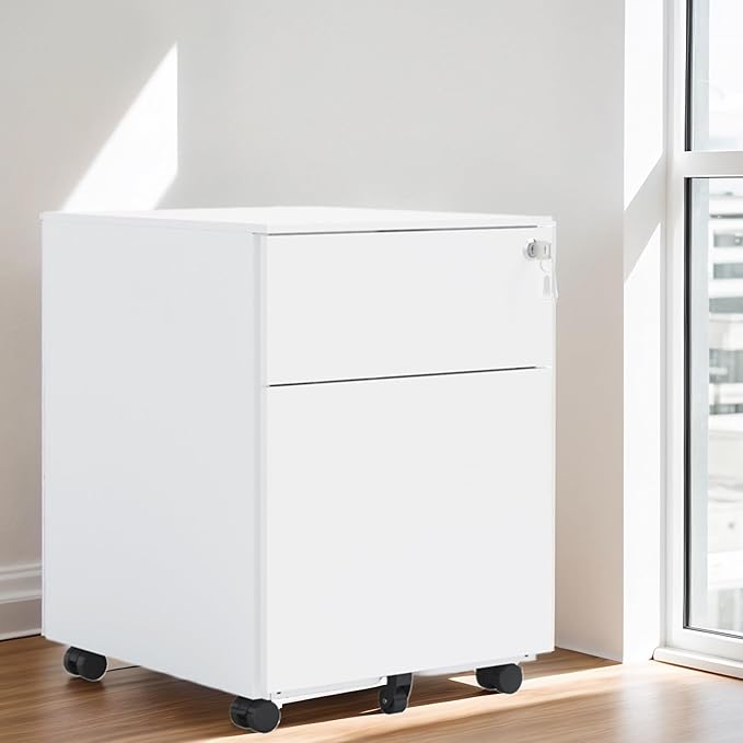 2 Drawer File Cabinet with Lock &amp Wheels Under Desk Metal Filing Cabinet Steel Small Rolling File Cabinet with 2 Keys for Letter/Legal/A4 Size Fully Assembled Except Wheels (White)