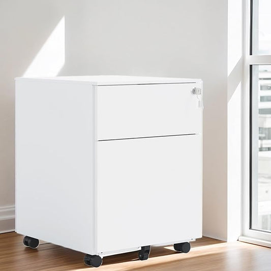 2 Drawer File Cabinet with Lock &amp Wheels Under Desk Metal Filing Cabinet Steel Small Rolling File Cabinet with 2 Keys for Letter/Legal/A4 Size Fully Assembled Except Wheels (White)