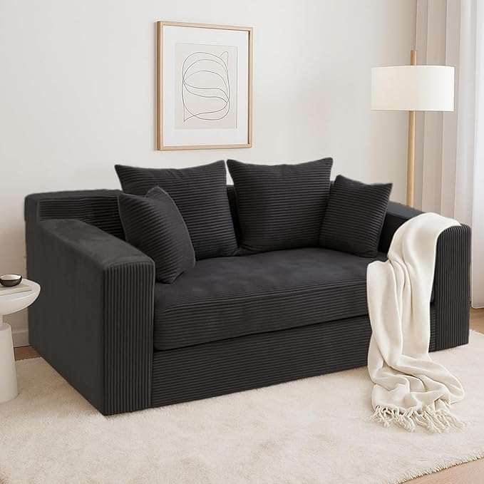 Convertible Sofa Bed Boneless Loveseat Folding Couch Bed Foldable - 3 in 1 Small Ccouch &amp Futon Sofa Sleeper Corduroy Pull Out Couch with 4 Pillows for Living Room Black