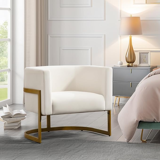 Modern Off-White Accent Chair Velvet Barrel Chair Padded Seat Upholstered Comfy Armchair for Reading/Living Room/Bedroom/Club Side Chairs with Luxury Gold Frame