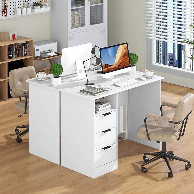 Computer Desk with Drawers 42.5’’ White Desk with Storage Shelf &amp Built-in Power Outlet Wood Vanity Makeup Table Small Desk for Bedroom Living Room Study Home Office