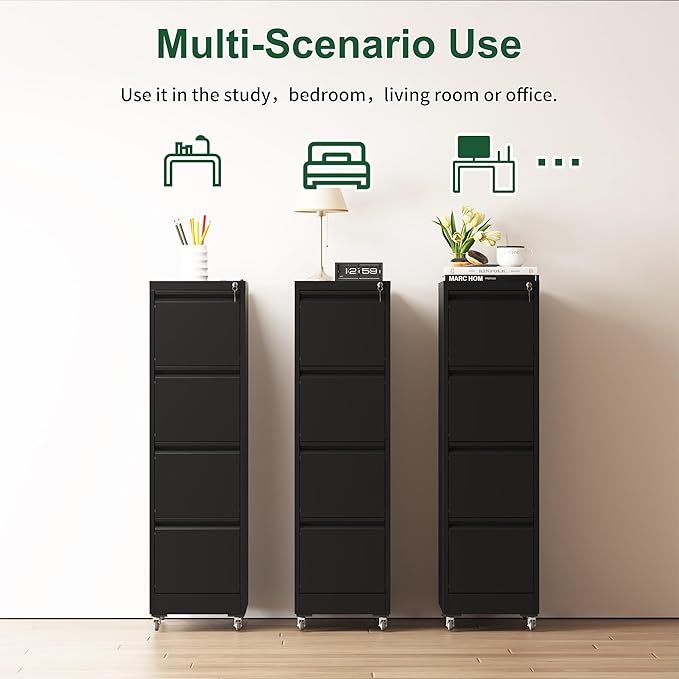 4 Drawer Metal Locking Vertical File CabinetUnder Desk Lock Drawers Filing Cabinets for HomeOffice Storage Cabinet Organizer17.71 D*15.16 W*52.28 HBlack