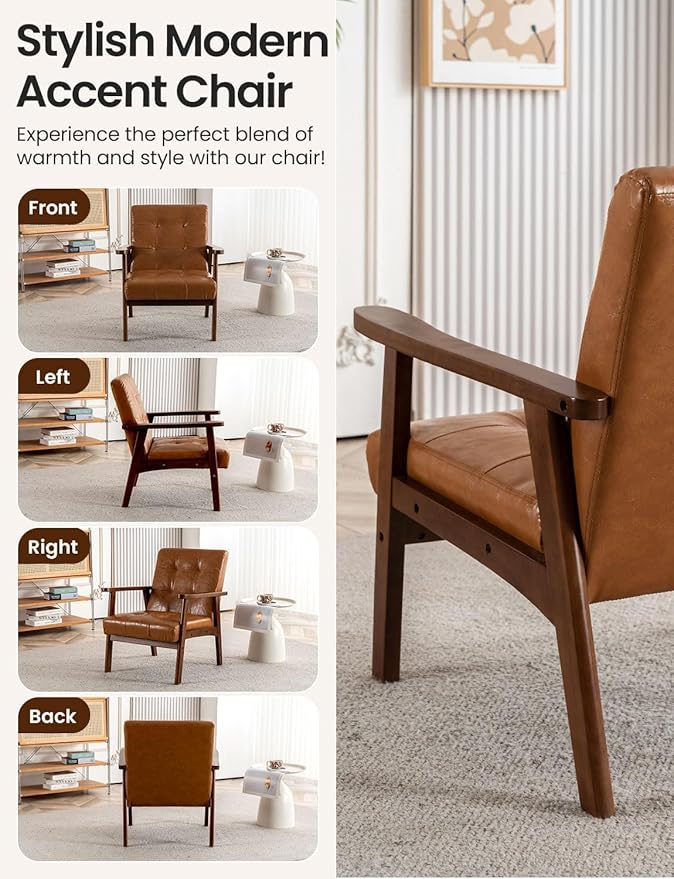 Mid-Century PU Leather Accent Chair Set of 2 Living Room Comfy Bedroom Chairs for Small Spaces Modern Brown Reading Nook Armchair with Solid Wood Legs
