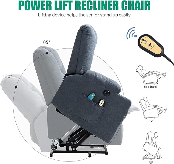 VIVIJASON Power Lift Chair Electric Recliner for Elderly Heated Vibration Massage Soft Fabric Recliner Chair with 2 Remote Controls USB Ports Side Pockets &amp Cup Holders for Living Room (Blue)