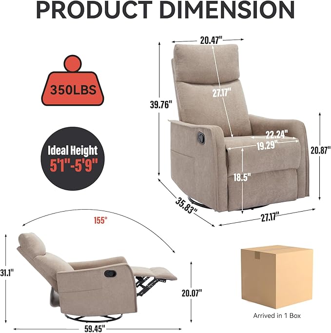360°Swivel in Fabric Reclining ChairsHeat Massage Manual Recliner ChairSmall Recliners SpacesSingle Lazyboy Recliner Sofa for Living RoomRVBedroomKhaki