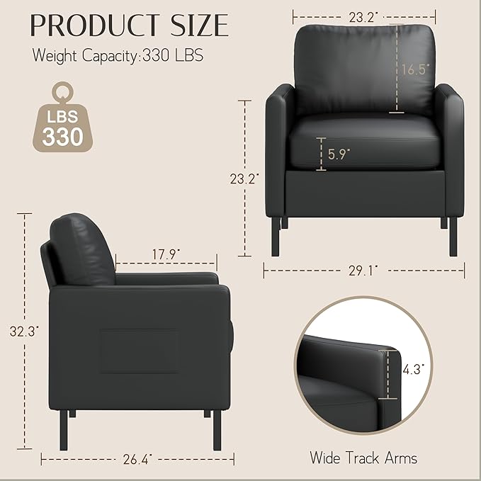 AODAILIHB Black Leather Accent Chair Set of 2 Modern Accent Chairs with Arms Small Side Chair 2 Pocket/Thick Cushion Single Sofa Comfy Couch for Living Room/Waiting Room/Office (2 Black)