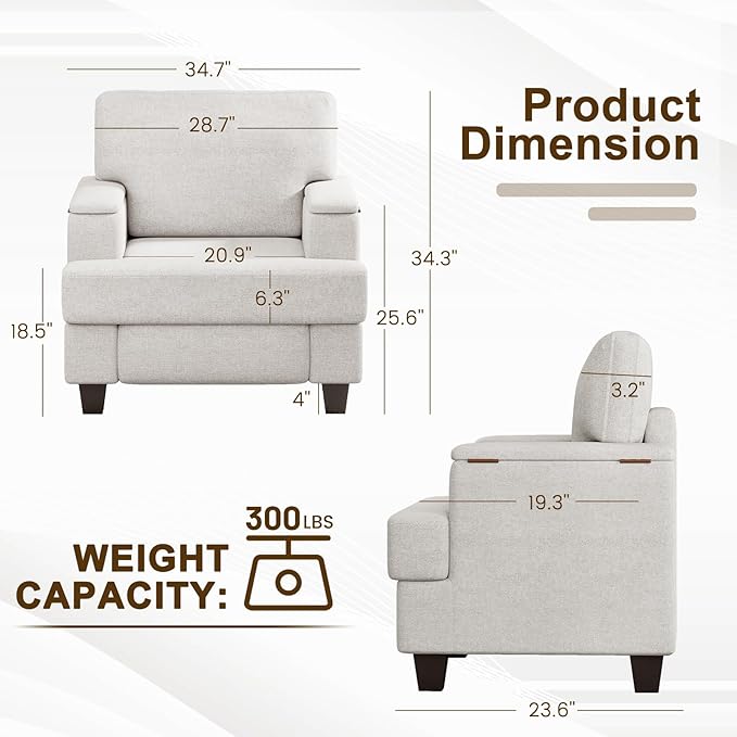 Furniliving Modern Oversized Accent Sofa Chair Set of 2 Comfortable Living Room Lounge Armchair with Storage Armrest Upholstered Reading Gaming Chair for Apartment Living Room Bedroom White