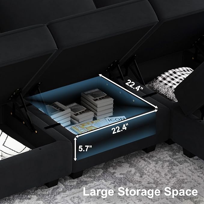 Belffin Modern L Shaped Velvet Sectional Sofa with Chaise Black Storage Adjustable Arm/Backrest
