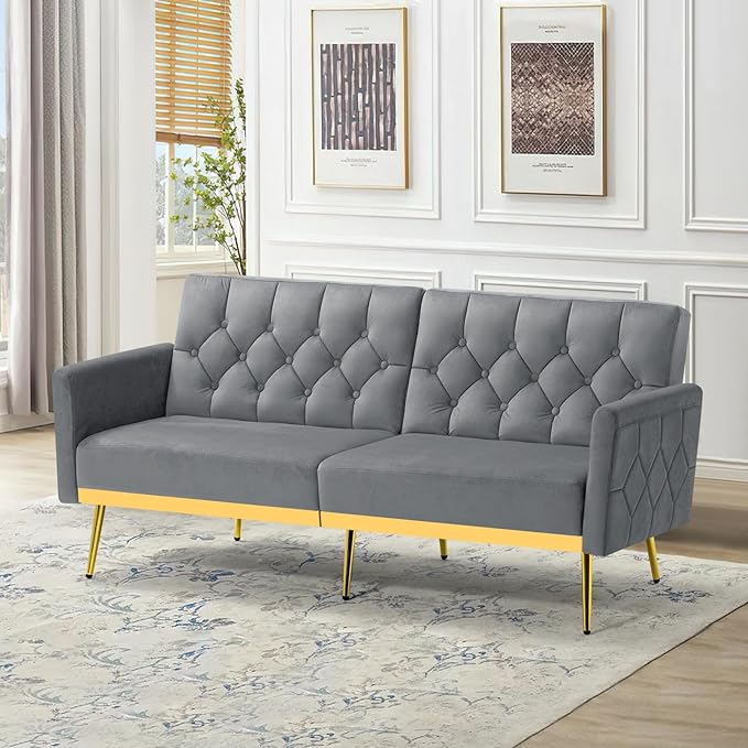 Velvet Sofa Bed w/Adjustable Armrests and Backrests Modern Convertible Sleeper Sofa Tufted Futon Sofa for Bedroom Living Room Apartment Grey