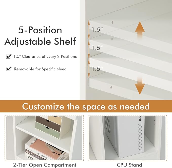 Tangkula White Desk with Drawer Wooden Computer Desk with Pull-Out Keyboard Tray &amp Adjustable Storage Shelves Modern Laptop PC Desk with CPU Stand Writing Study Desk for Bedroom (White)