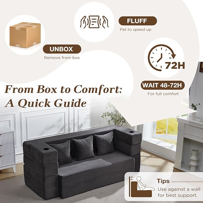HOMREST 78.7 Sleeper Ottoman Sofa Bed for Small Space Full-Length Folding Memory Foam Couch in a Box with 2 Ottomans &amp Flip-Up Armrest 3-in-1 Convertible Futon No Assembly Dark Grey