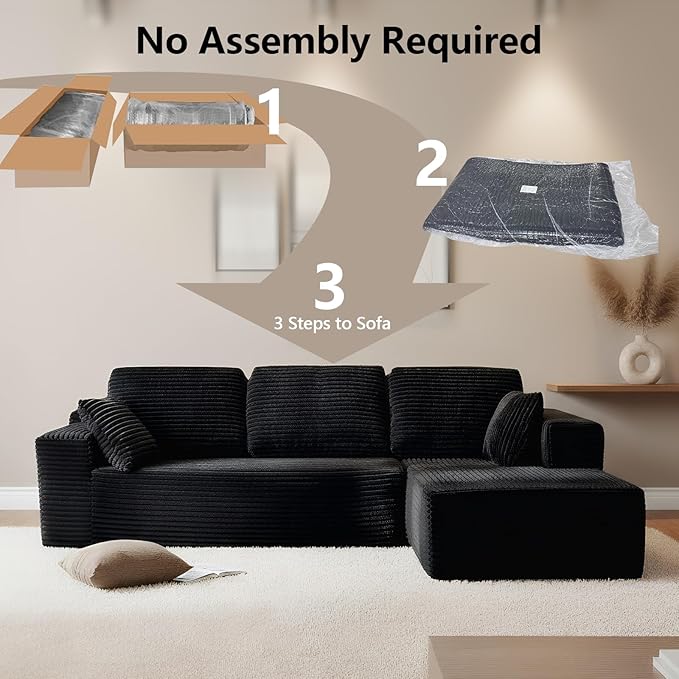 104” Boneless Couches for Living Room Modular Cloud Sectional Sofa with Chaise Deep Seat Upholstered No Assembly Required(Black L Shape with Right FacingChaise)