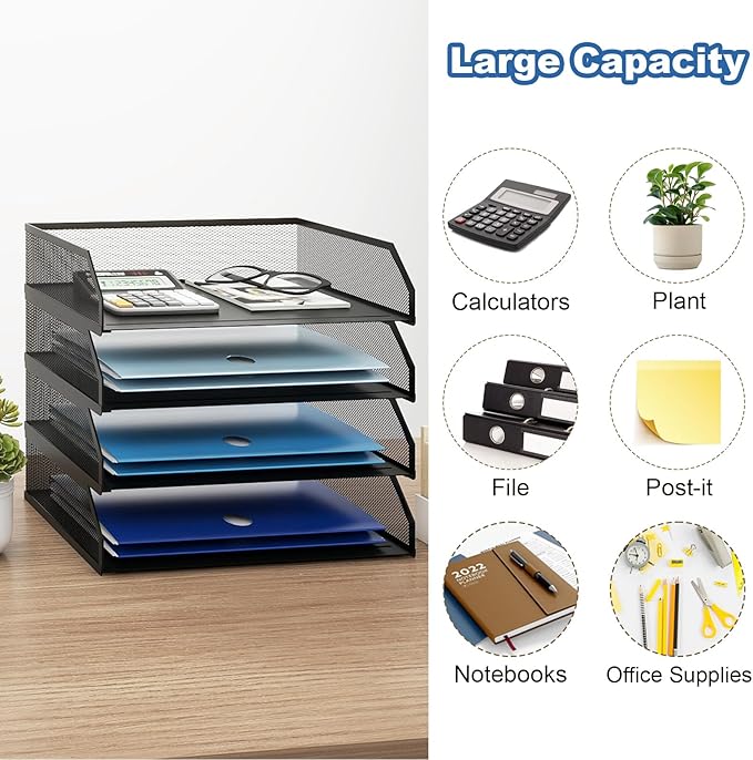 Natwind 4-Tier Stackable Paper Tray Metal Mesh Desktop Organizer A4 Paper Sorter Letter TraysFile Folder Sorter Organizer with Sliding Tray for Home Office School (Black)