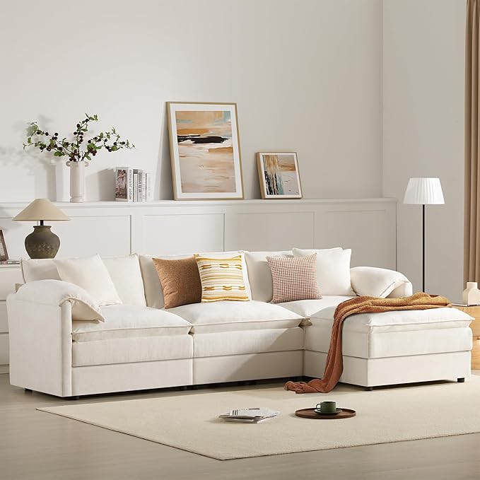 103.5 L Shaped Modern Cloud Sofa Modular Sectional Couch with Ottoman 4-Seat Chenille Deep Seat Sofa with Pillow for Living Room Bedroom and Apartment White