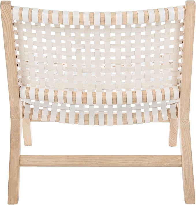 SAFAVIEH Home Collection – Luna Natural Solid Wood &amp White Leather Woven Accent Chair Contemporary Lounge Chair Fully Assembled (ACH1002A)