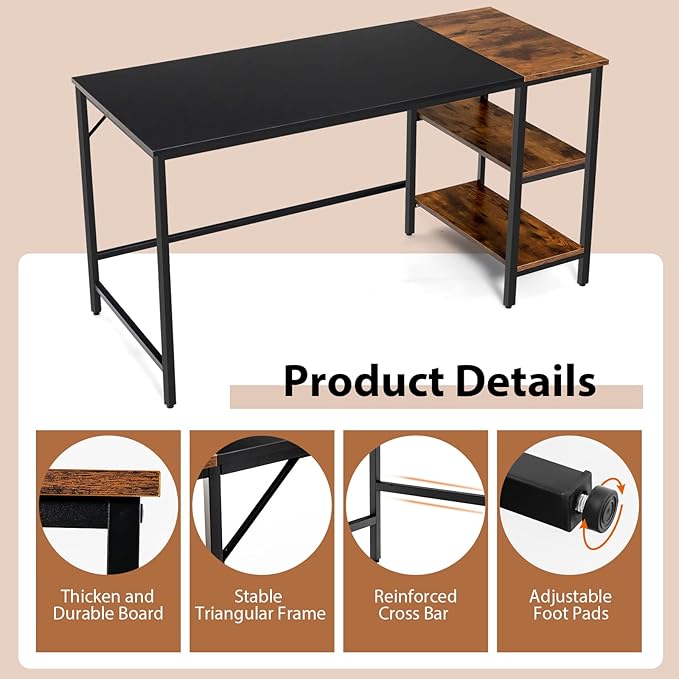 Multifunctional Computer Desk Industrial Study Writing Desk w/Removable Storage Shelf Heavy-Duty Metal Frame 55 Inch Desk for Home Office Gaming Room Bedroom (Black)