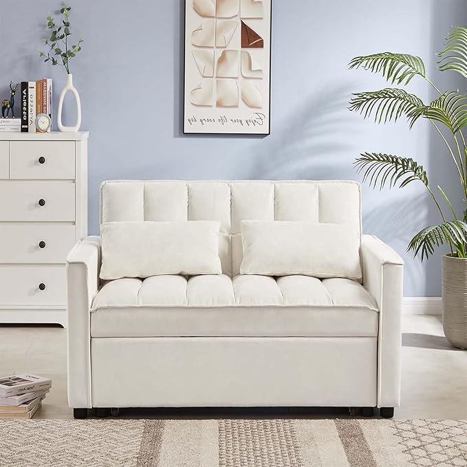 Sleeper Sofa Couch w/Pull Out Bed 53 Modern Velvet Convertible Sleeper Sofa Bed Small Love seat Sofa Bed with 2 Pillows &amp Side Pockets for Small Space Living Room Apartment Off White