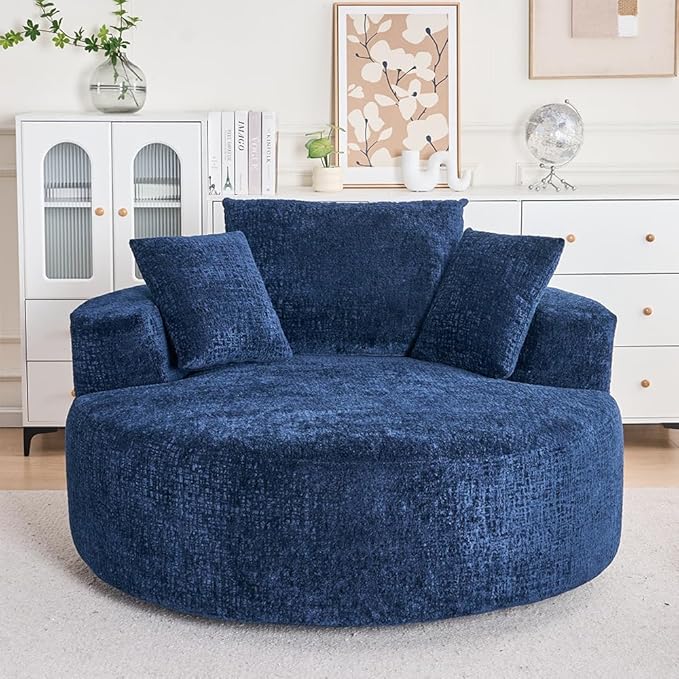 Blue 55 Oversized Swivel Accent Chair Round Barrel Chair with 360° Rotation Chenille Upholstered Deep Seat Lounge Sofa Modern Comfy Single Sofa for Living Room Bedroom Office (Blue)