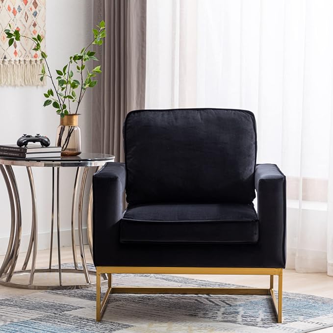 Modern Accent Chair Velvet Upholstered Side Chair with Backrest Comfy Armchair Side Chair with Golden Metal Base for Living Room Reception Room 1PC Black
