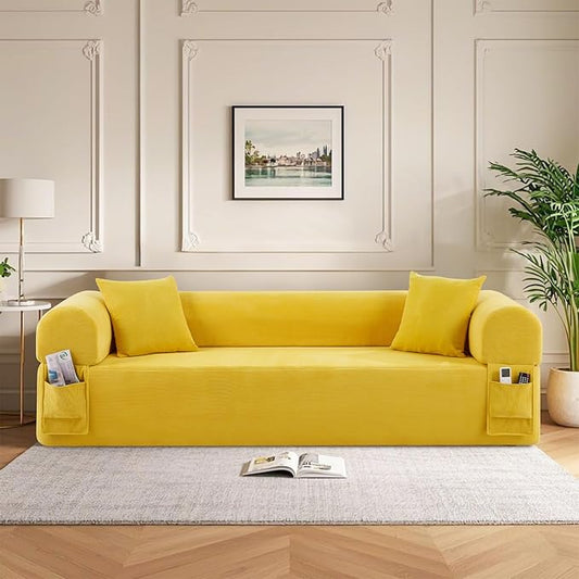 3-Seater Floor Sofa in A Box No Assembly Floor Boneless Couch Comfy Small Sofa Corduroy Couch with 2 Cushion Pillows &amp Armrest &amp Side Storage Pockets for Living Room Apartment Yellow