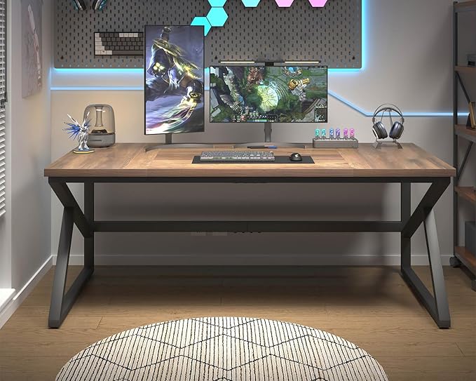 HSH Large Home Office Desk Modern Wood Metal Computer Desk for Two Person Extra Long Executive Writing Study Gaming Double Desk Workstation 70 Inch Rustic Bedroom Living Room Table for 2 Monitors