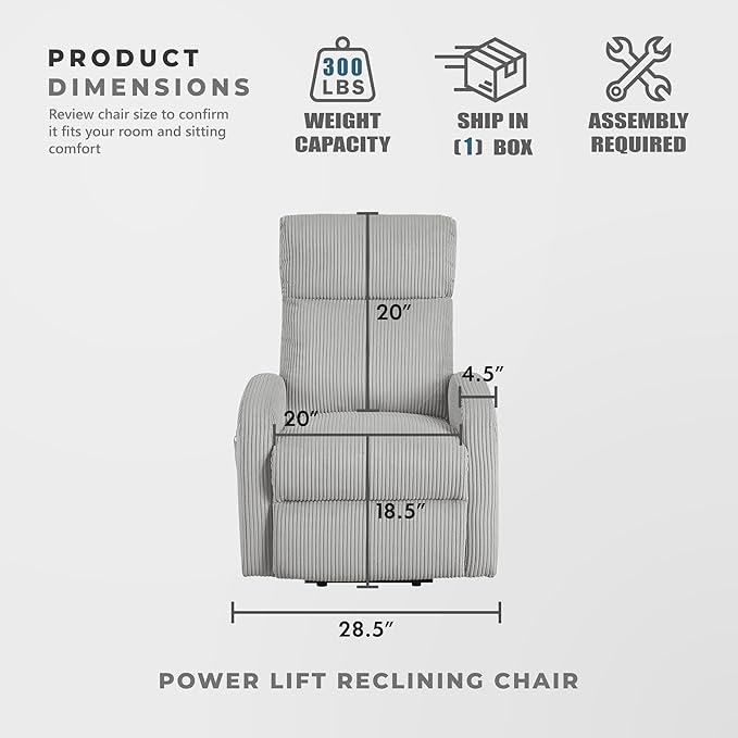 Lexicon Power Lift Recliner Chair for Elderly with Remote Control Gentle Lift Motion Side Pocket Armrest Corduroy Upholstered Electric Recliner for Living Room/Bedroom Easy Assembly Light Gray