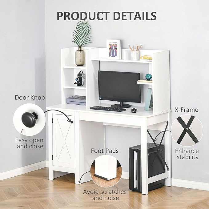 HOMCOM Farmhouse Computer Desk with Hutch and Cabinet Home Office Desk with Storage for Study White