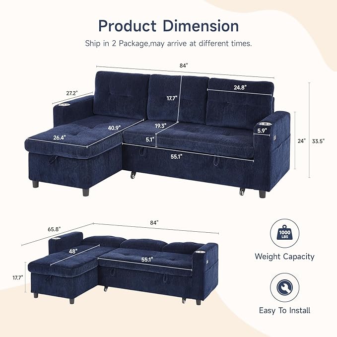 ONBRILL Sleeper SofaPull Out Couch Bed with Storage ChaiseL Shaped Cloud Couch with Adjustable BackrestSectional Couches for Living RoomApartmentTool-Free Assembly ChenilleBlue
