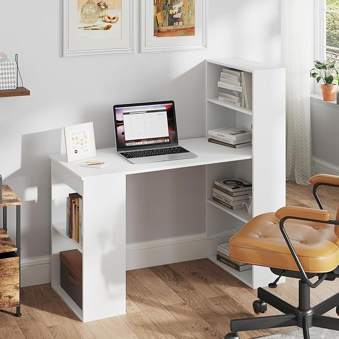 Tangkula White Computer Desk with Bookshelf Writing Study Desk with Storage Shelves &amp CPU Stand Modern Compact Computer Workstation for Home &amp Office Space-Saving Design