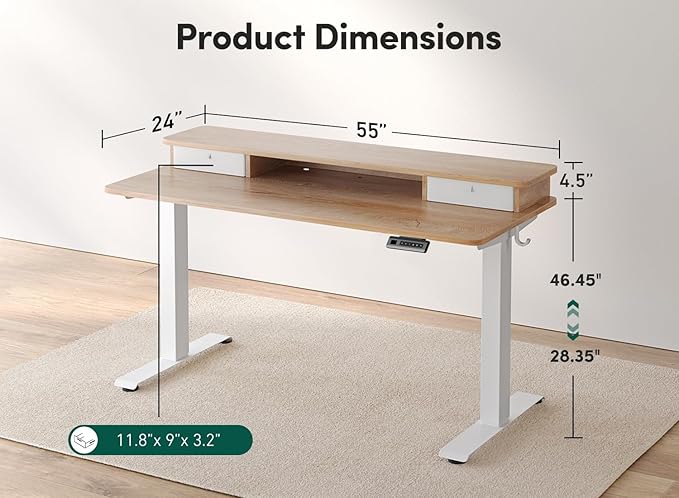 FEZIBO 55 x 24 Inch Height Adjustable Electric Standing Desk with Double Drawer Computer Desk Home Office Stand Up Table with 4 Height-Adjustable Feets &amp 2 Hooks Maple