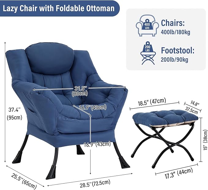 Lazy Chair with Ottoman Modern Accent Chairs with Folding Footrest Royal Blue Sofa Chair Set Comfortable Reading Chairs Oversized Armchairs for Bedroom Study Living Room Courtyard