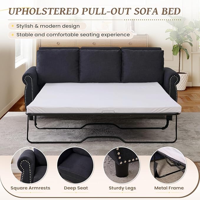 Queen Size Pull Out Sofa Bed 3 in 1 Linen Convertible 3-Seater Sleeper Sofa Bed with Memory Form Mattress Pull Out Couch with Nailhead Trim &amp Roll Arms for Living Room Bedroom Small Space(Grey