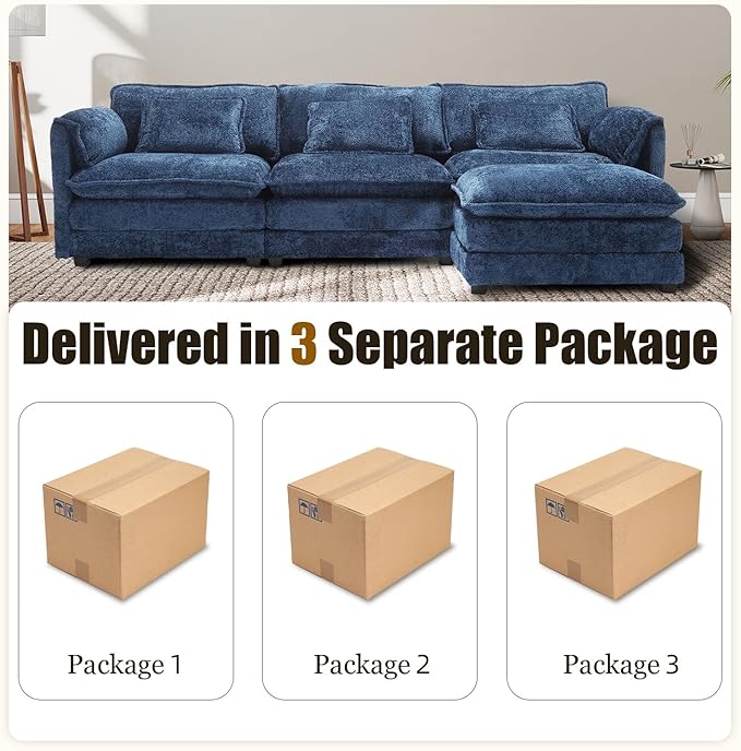 Modular Sectional Sofa Cloud Couch 112 L-Shape Sofa Chenille Comfy Upholstered with Removeable Ottoman and 3 Pillows for Living Room Navy