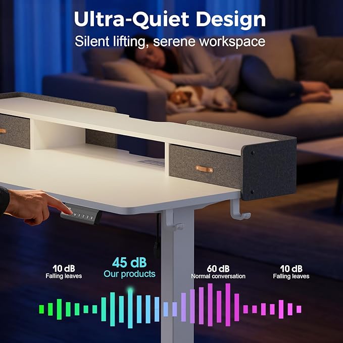 Electric Standing Desk with Drawers 63 Inch Height Adjustable Desk with Power Outlets &amp LED Lights Sit Stand Table with Monitor Stand for Home Office White