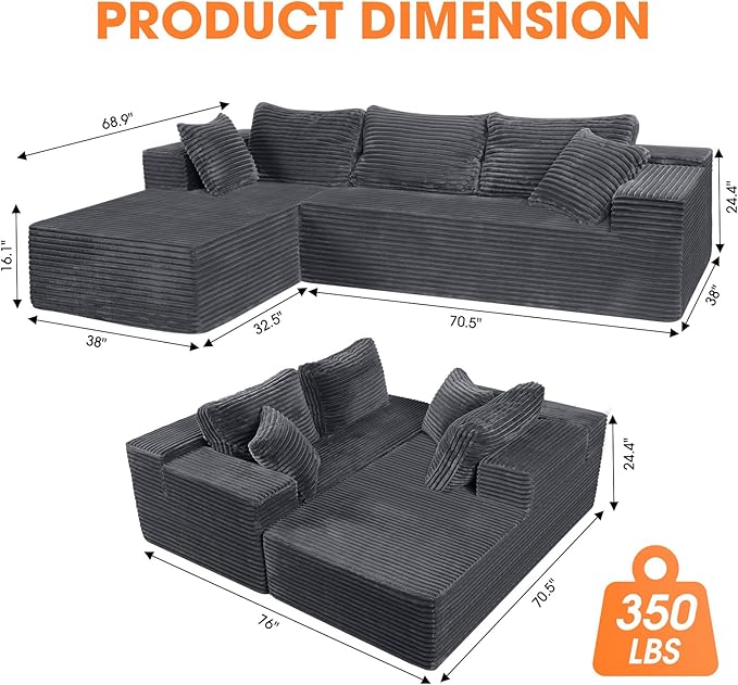 108” Modular Sectional Sofa Couches Oversized L-Shape Cloud Couch with Deep Seat Comfy Memory Foam Modern Boneless Couch for Living Room No Assembly Required