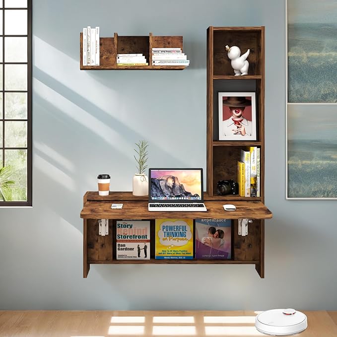 Folding Wall Mounted Drop Leaf Table Foldable Desk with Moveable Cabinets Floating Laptop with Convertible Storage Shelves Multifunctional Computer Workstation in Home for Space Saving