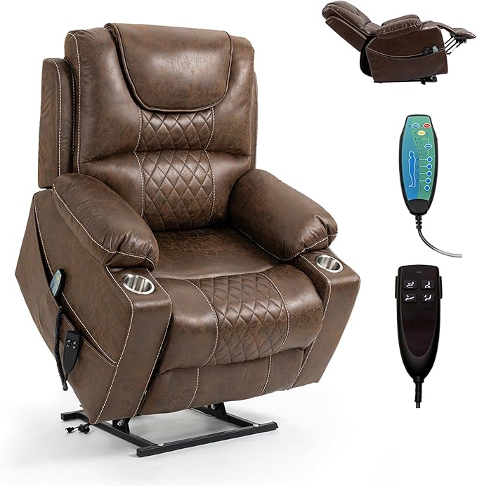Oversized Power Lift Recliner Chair for Big and Tall 400 LBS 25 Large Electric Recliner Chair with Massage and Heating 180° Lay Flat Zero Gravity Recliner Sofa Leather Coffee Brown
