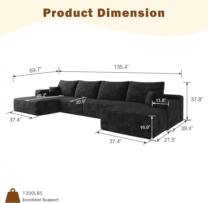 135 Corduroy Boneless Sectional Couch with Chaise &amp Ottoman No Assembly Required U Shaped Modular Sectional Sofa Boneless Couches for Living Room (Black 4 Seater+Left Facing Chaise+Ottoman) |