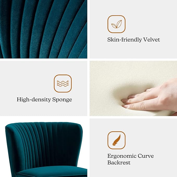 TINA'S HOME Velvet Accent Chair Set of 2 with Metal Golden Legs Upholstered Armless Slipper Chair with Wingback Mid Century Side Chair for Living Room Bedroom Makeup Vanity- Teal