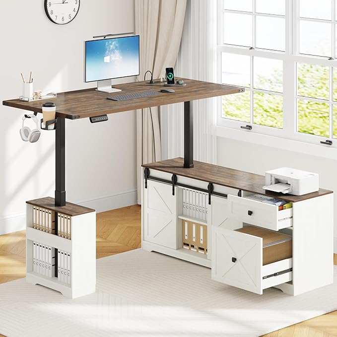 63 Farmhouse Electric Standing Desk Adjustable Height Sit Stand Corner Stand Desks L Shaped Standing Computer Desk with Power Outlets &amp Storage Drawers &amp Sliding Door for Home Office White