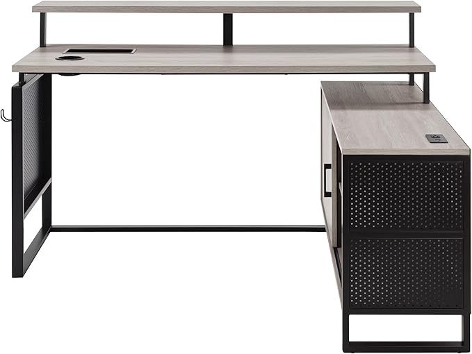 OSP Home Furnishings Ace Contemporary Modern Home Office Desk with Shelf L-Shape with Grey Taupe Finish