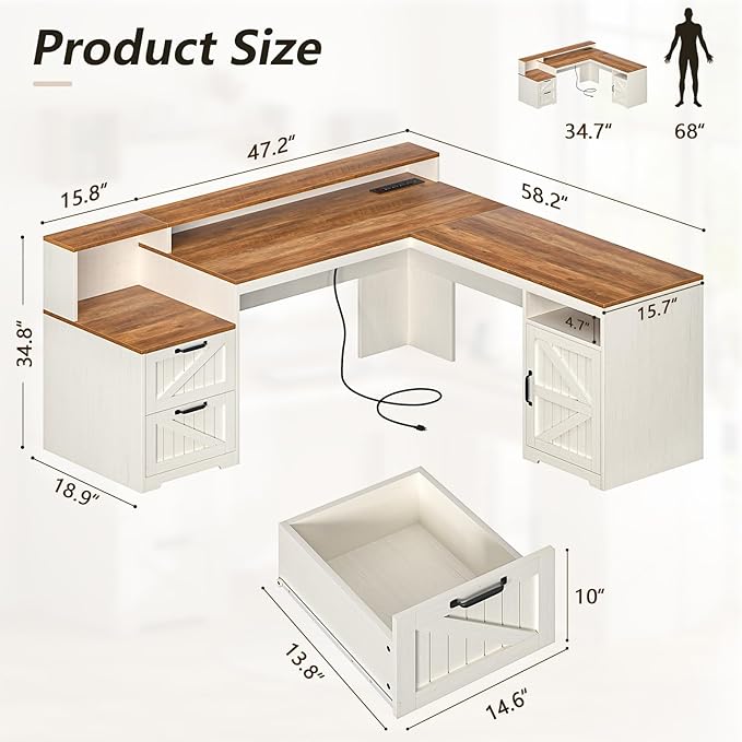 63 Farmhouse L Shaped Executive Desk with Drawers &amp Storage Shelf Corner Computer Desk with Power Outlets L Shaped Office Desk with Monitor Stand Printer Shelf Antique White