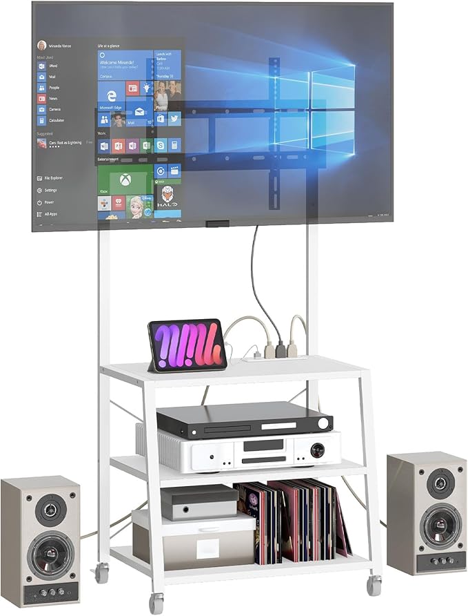 HOOBRO Rolling TV Stand with Mount and Power Outlet Up to 55 inch TV Corner Entertainment Center Small TV Stand with 3-Tier Storage Shelves for Living Room Bedroom White WW66UDS01