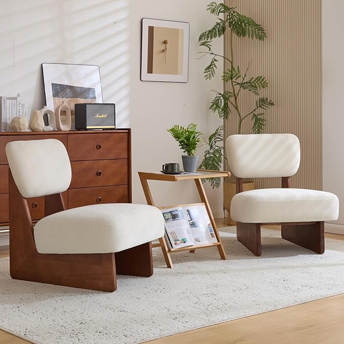 White Accent Chair Set of 2 for Small Spaces Armless Accent Chair for Bedroom Side Chairs &amp Comfy Chairs for Living Room Wood Base Comfy Cushion Bedroom Office (Walnut+White)